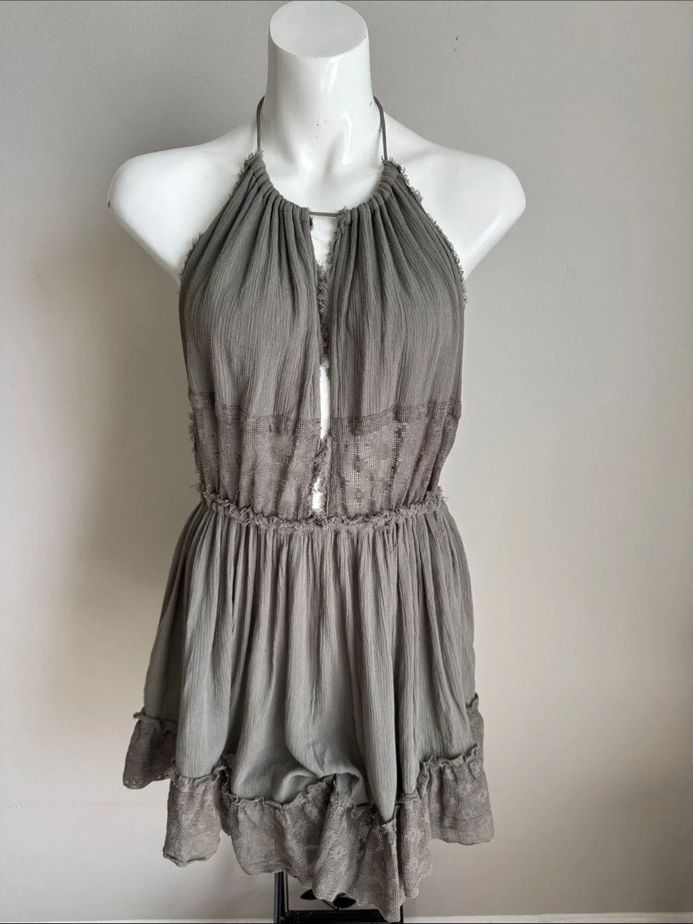 Free People Boho Open Back Halter Romper Gauze Lace Tassel Gray Taupe Size S